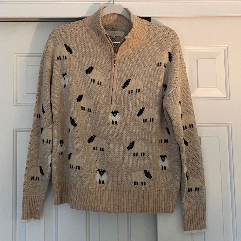LOFT Beige Sheep Pattern Half-Zip Sweater